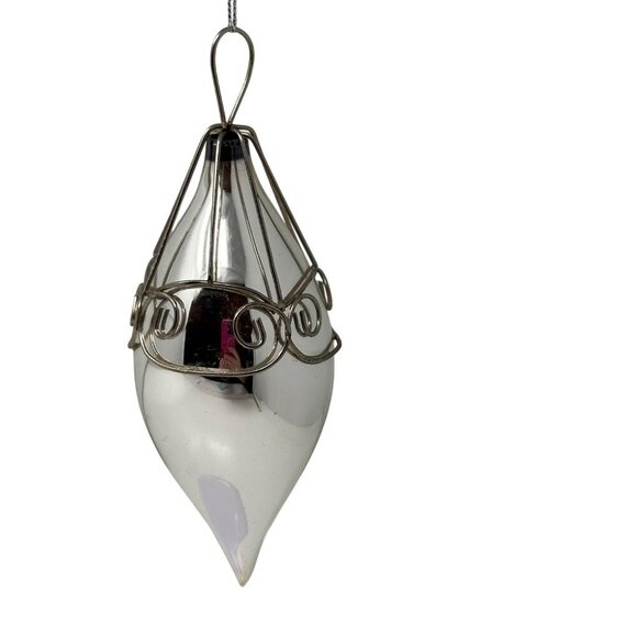 Vintage Silver Blown Glass Teardrop Christmas Ornament Wire Cage Mercury Finish - Picture 2 of 16